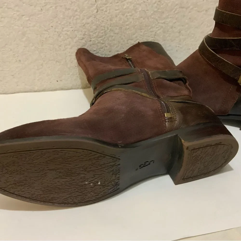 UGG DEANNA RIBBON WOMEN BOOTS 7 DPBD SHOES 1001791 STRAP SUEDE BURGUNDY SF